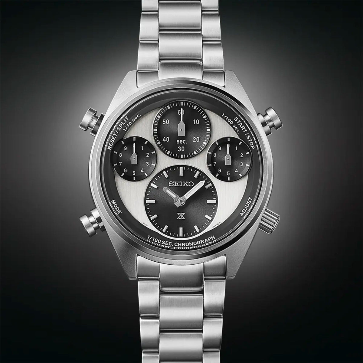 Men's solar chronograph watch from above, steel case, panda black-and-white dial