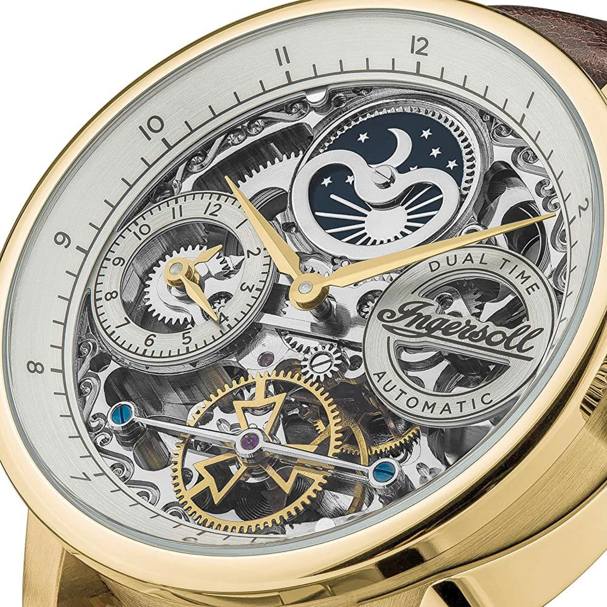 Men's skeleton watch dial close-up with moon phase and dual time text on bezel