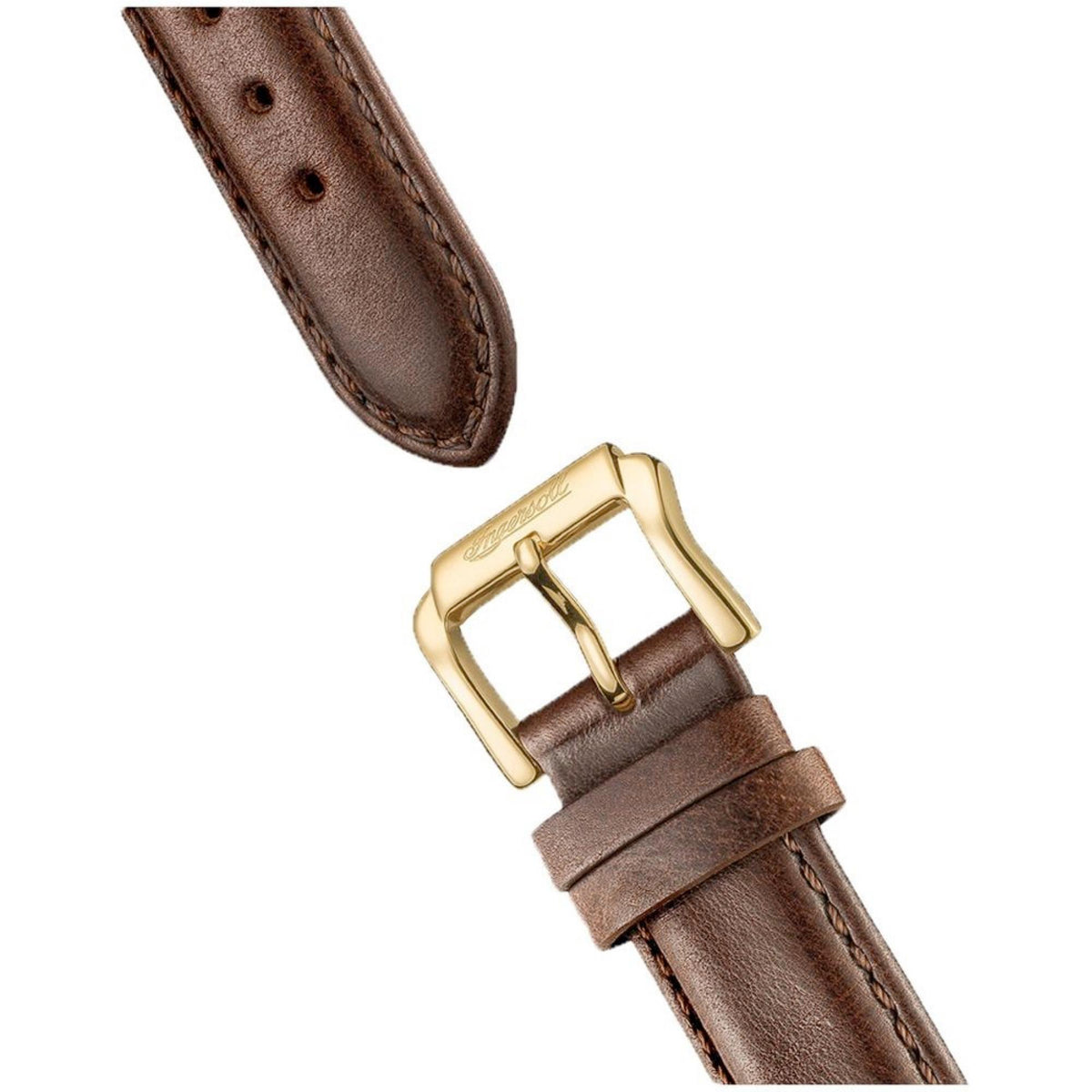 Men's brown leather strap close-up with gold-tone buckle and quick-release style loop