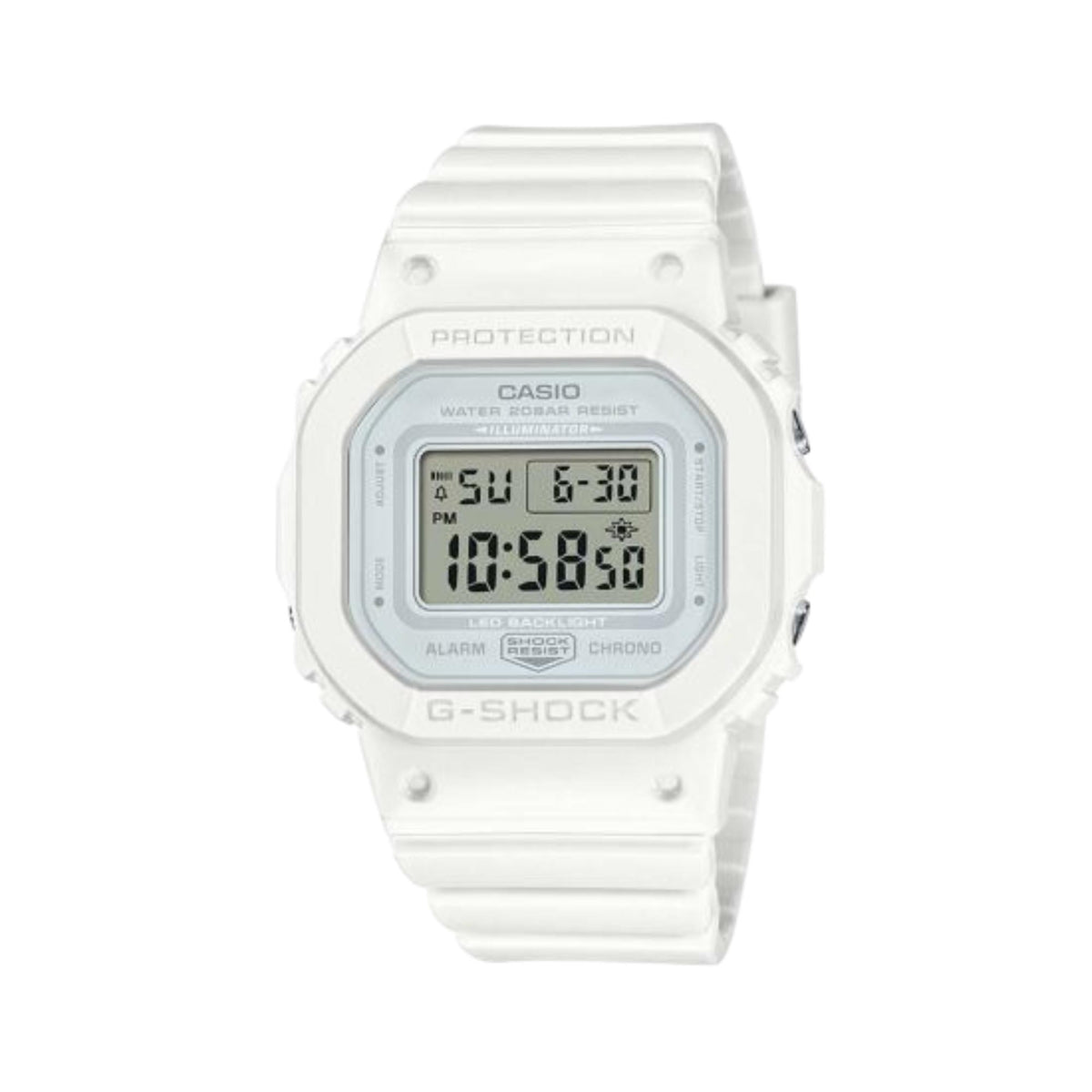 White G-Shock digital watch with illuminated LCD display and white resin strap.