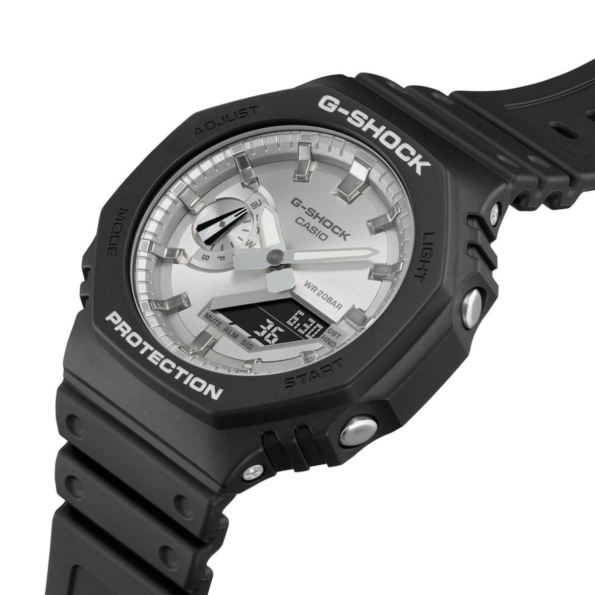 Men's Casio G-Shock quartz watch angled view, black case with silver dial and protective bezel.