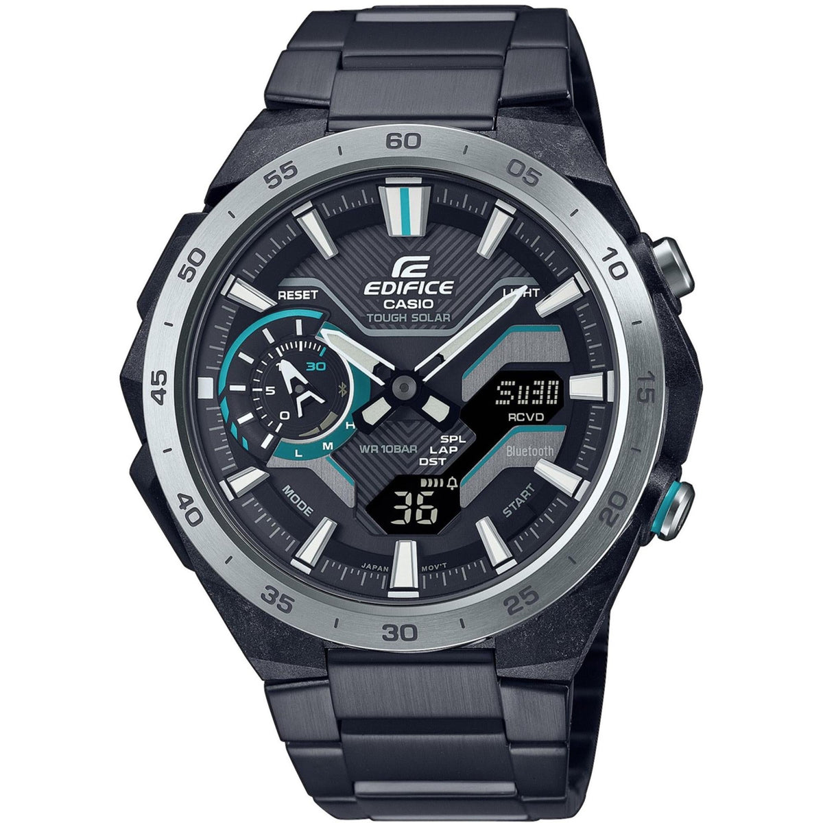 Men's Casio Edifice wristwatch with black dial, digital window, and black steel bracelet