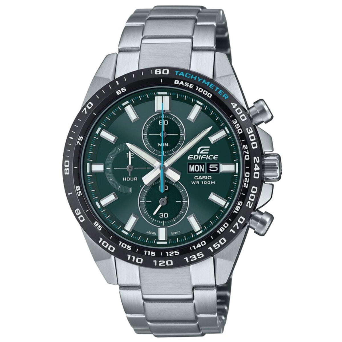 Casio Edifice chronograph watch with green dial and steel bracelet, visible side crown