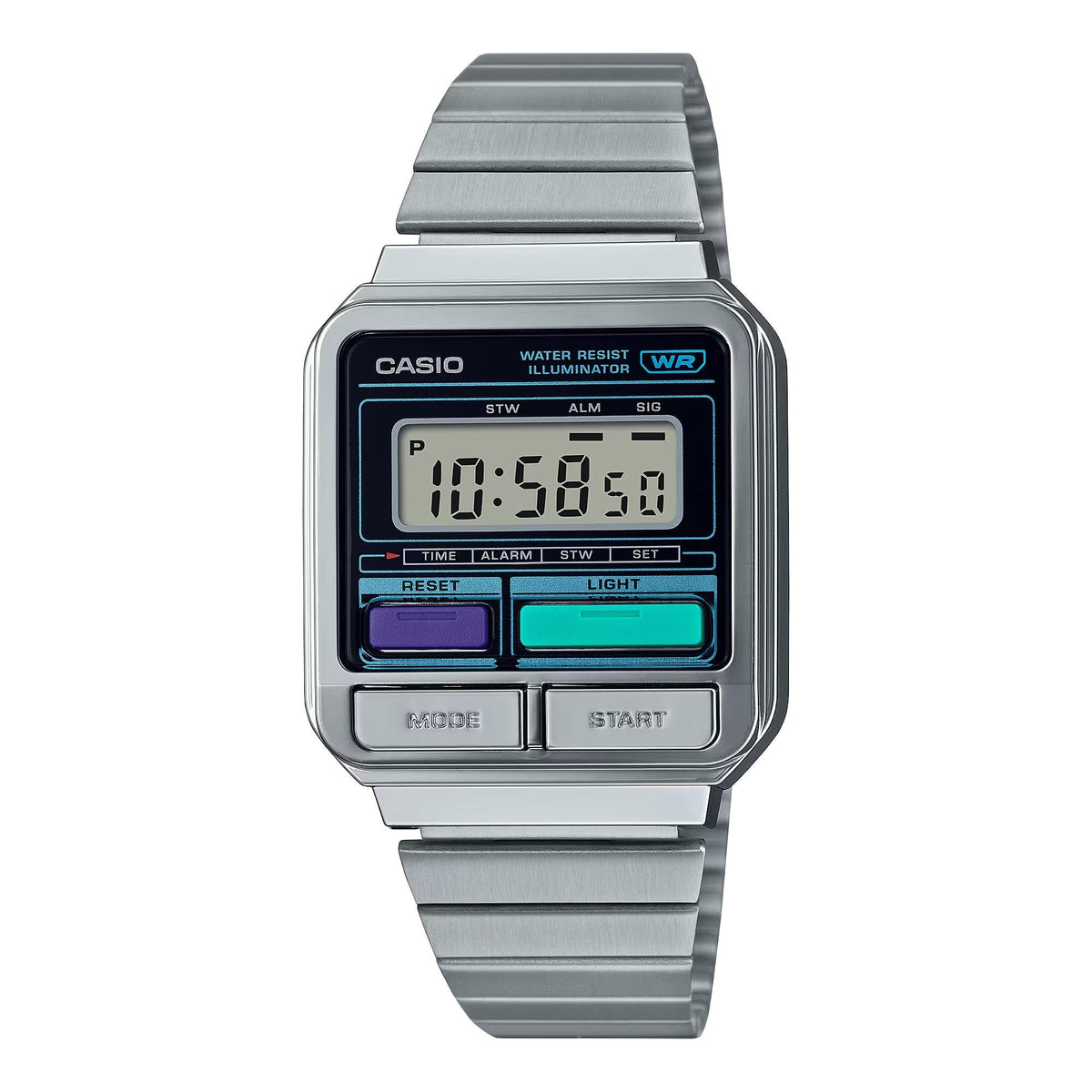 Casio vintage digital watch front view, steel bracelet, dark screen with time display