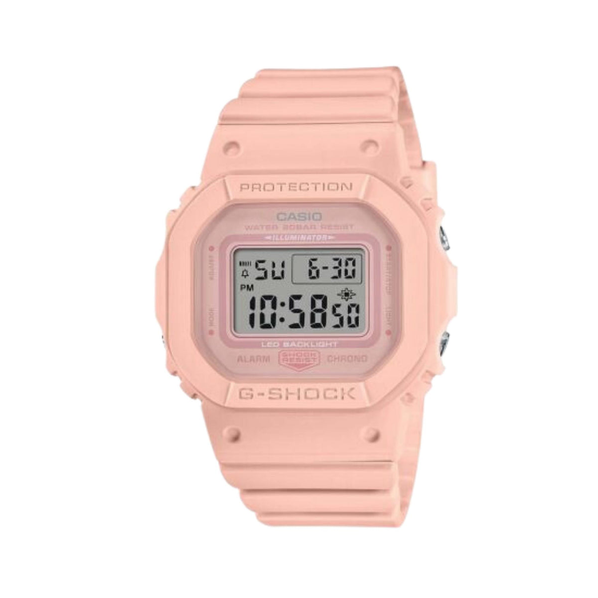 Pink resin digital G-Shock watch with LCD display and protective bezel