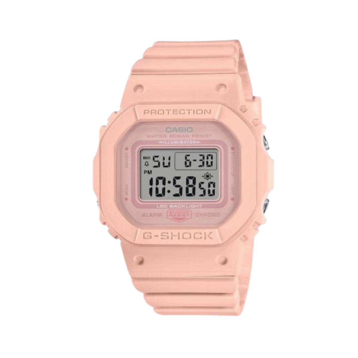 Pink resin digital G-Shock watch front view with LCD time display