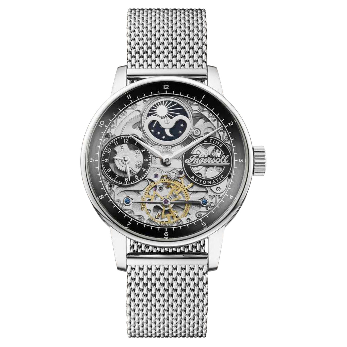 Men's automatic skeleton watch with black dial and silver steel mesh bracelet, inner gears view