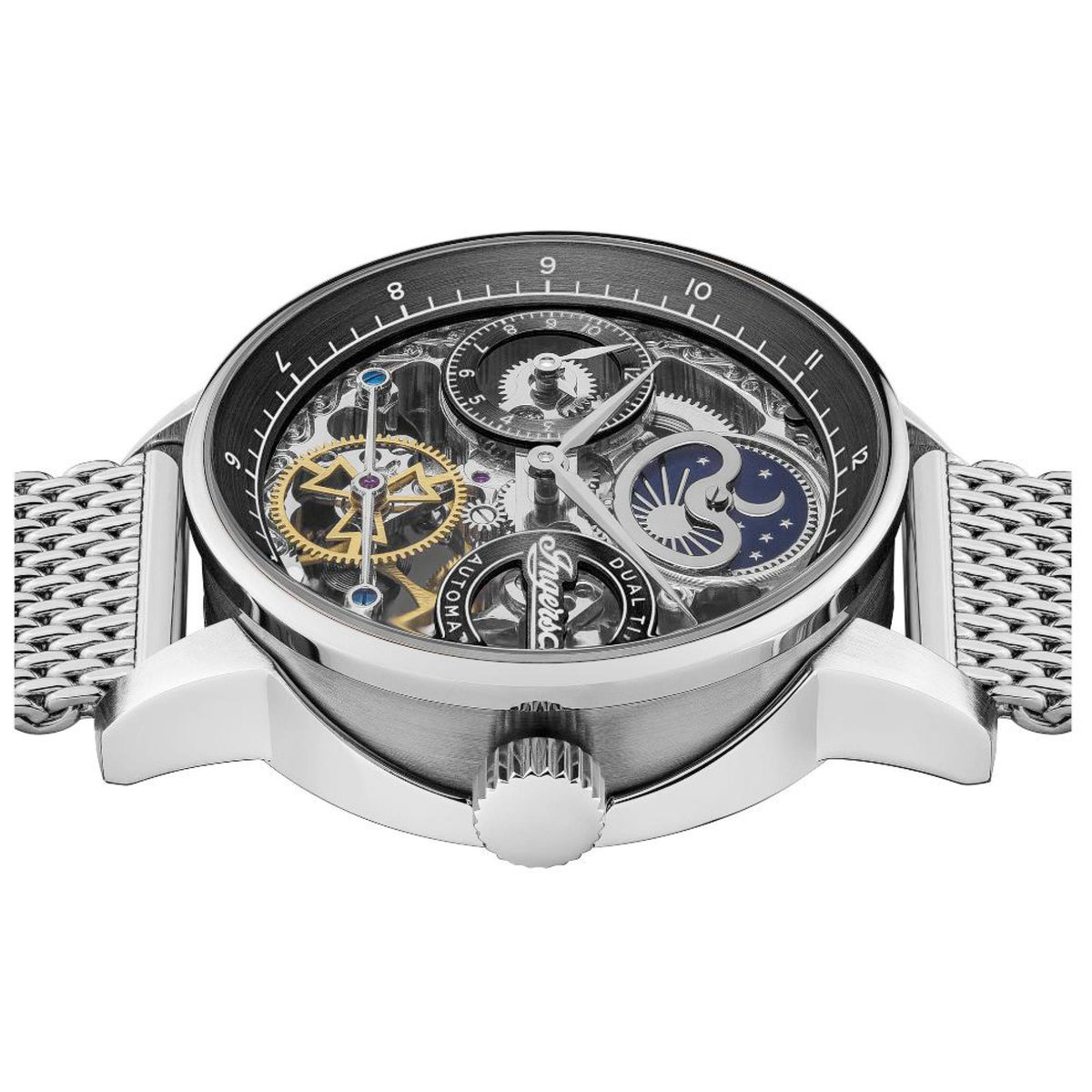 Men's automatic skeleton watch side view, black dial with exposed gears, silver mesh bracelet