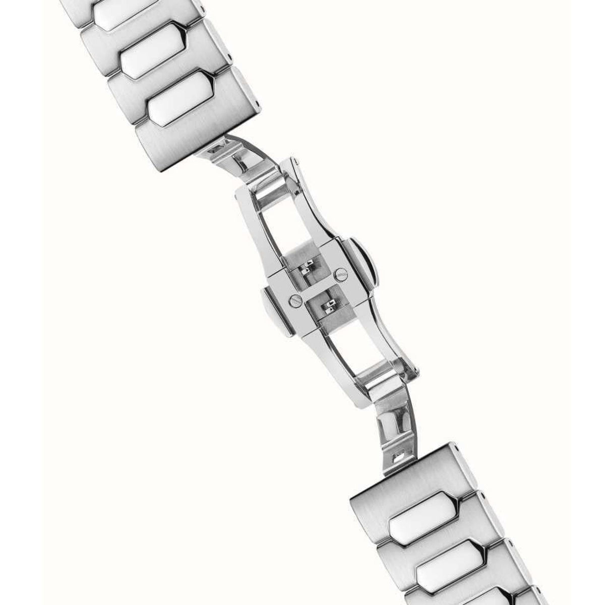 Stainless steel automatic men's watch bracelet with metal clasp and link details