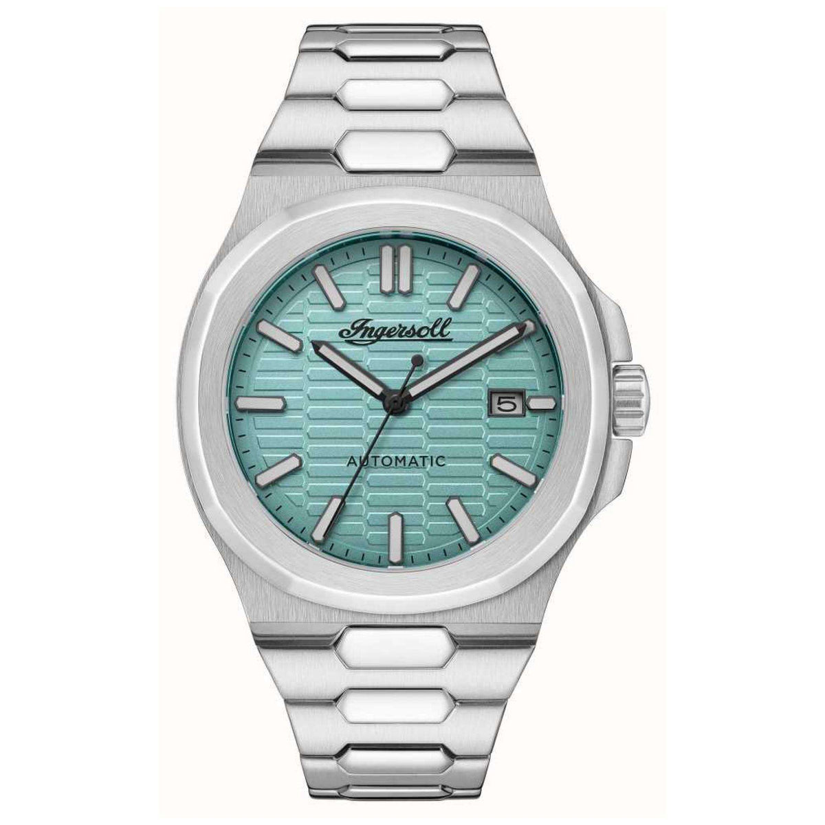 Men's Ingersoll automatic watch front view with turquoise dial, steel bezel, baton hour markers