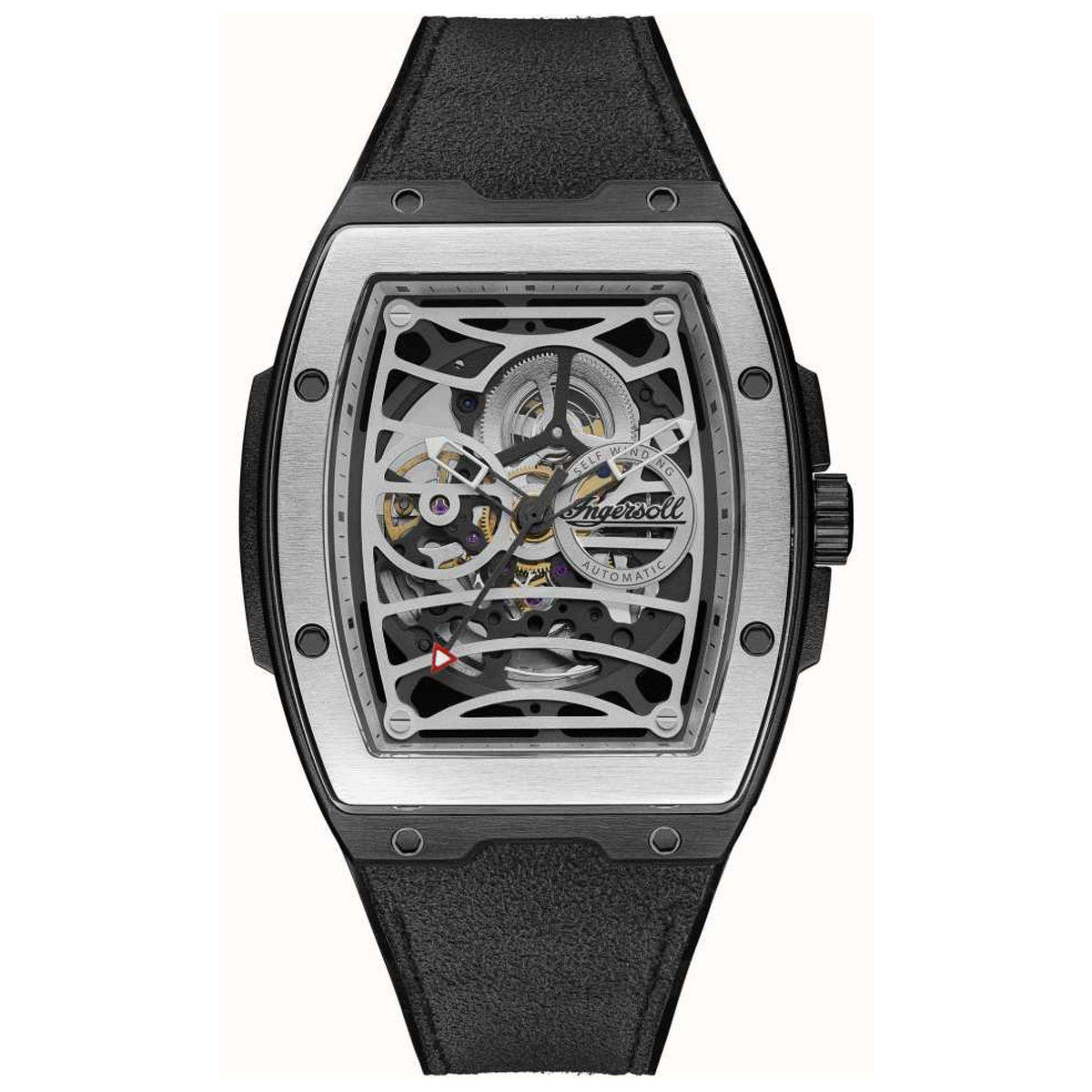 Men's automatic skeleton watch with black PU strap, silver case and open dial