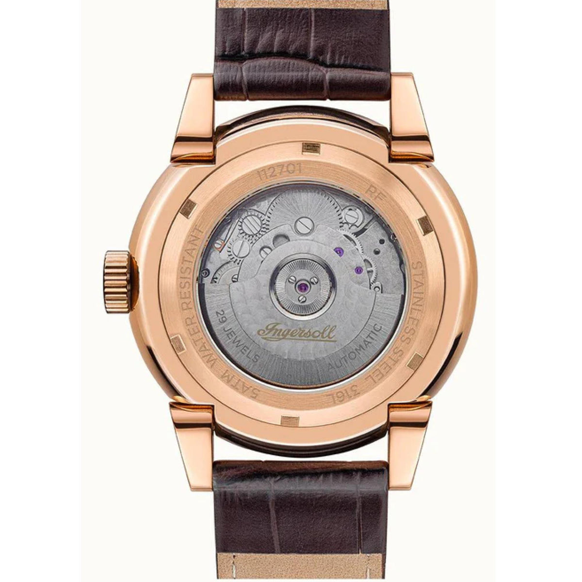 Automatic watch case back with rose-gold finish and brown leather strap