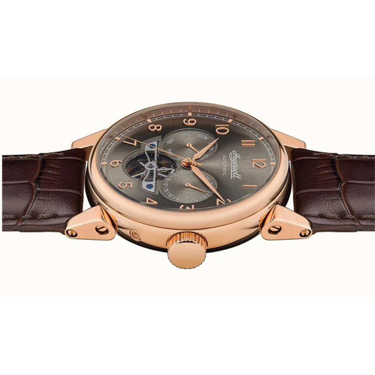 Men's automatic watch side view with rose-gold case, dark grey dial, and brown leather strap