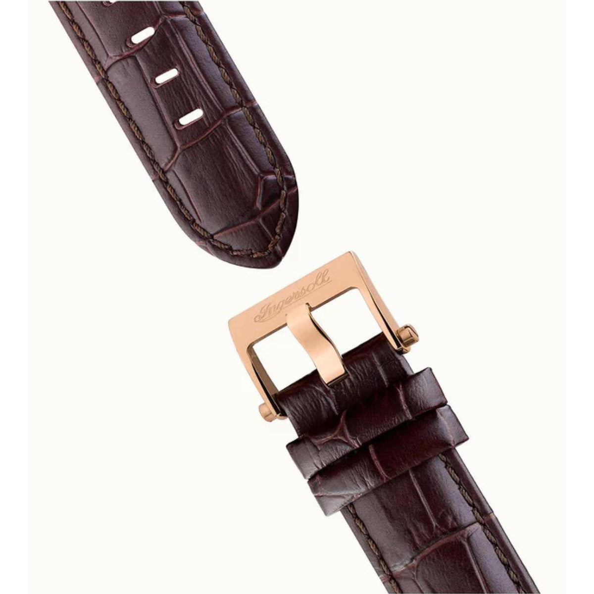Gents automatic watch with rose-gold case and brown leather crocodile strap, clasp detail