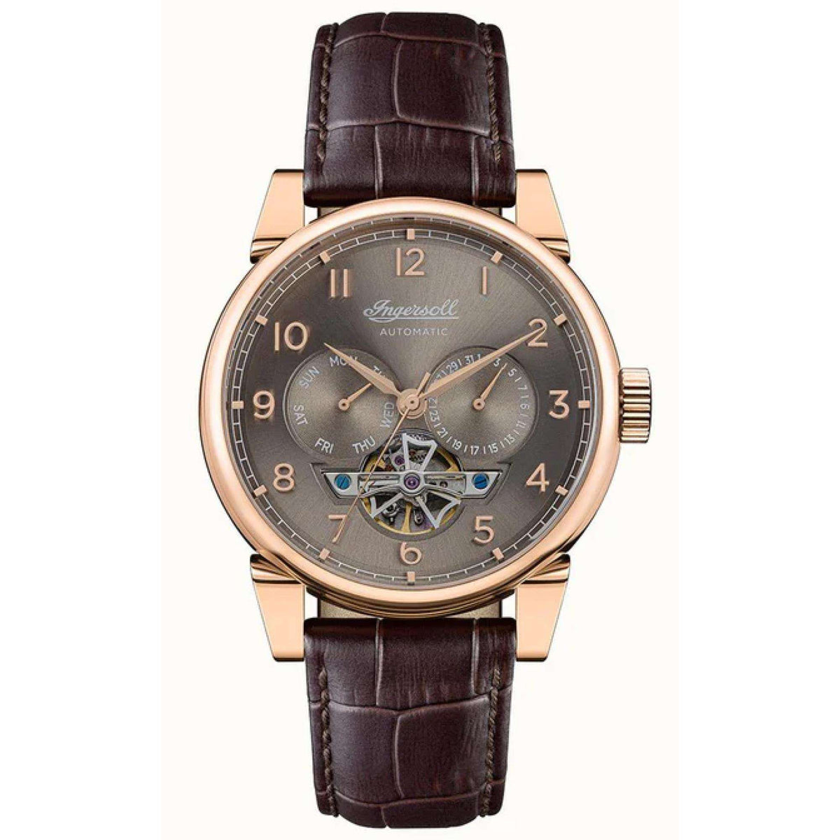 Men's automatic wristwatch with rose-gold case, dark grey sunray dial, and brown leather strap