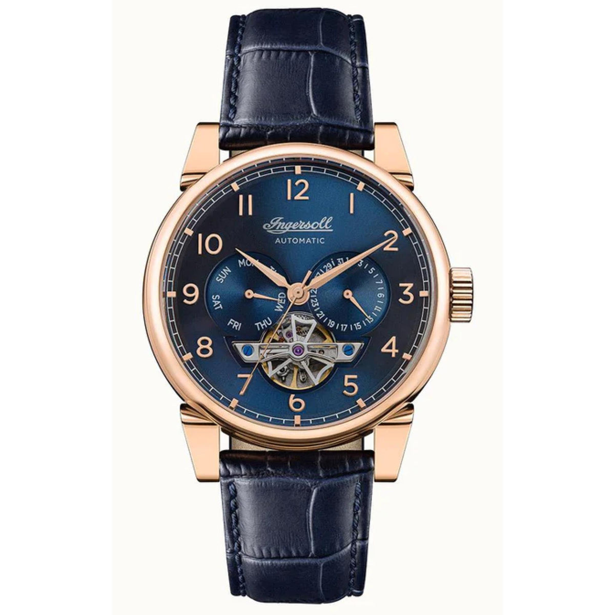 Gents automatic watch with blue dial, rose gold case, and dark blue leather strap