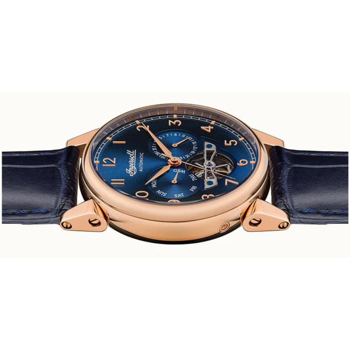 Gents automatic watch close front angle showing blue dial and rose gold case with leather strap