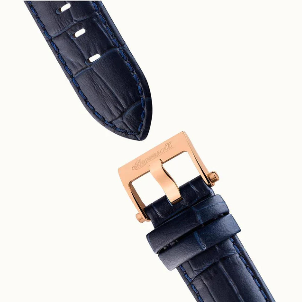 Dark blue leather watch strap with rose gold buckle and keeper