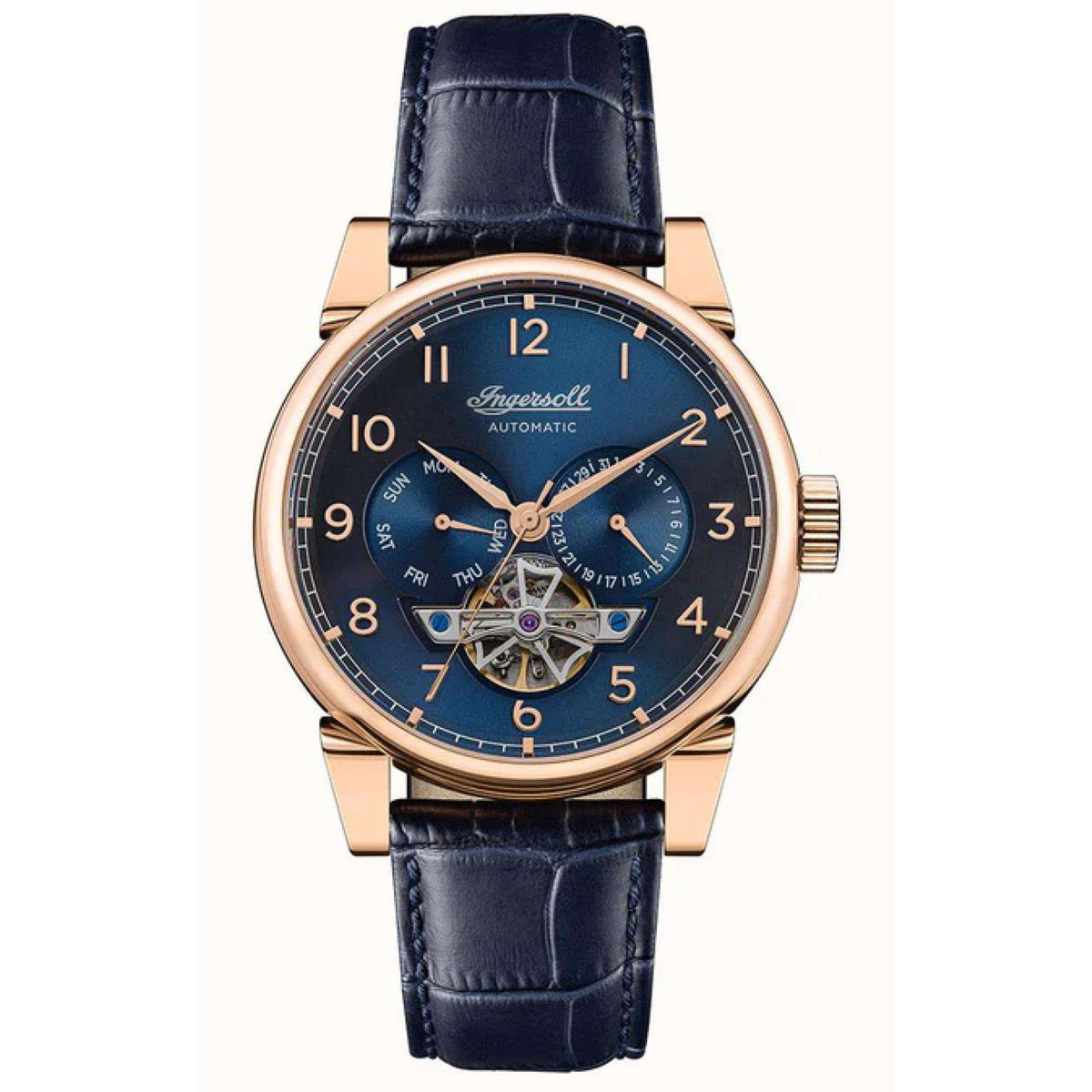 Gents automatic watch front view with blue dial, rose gold case, and dark blue leather strap