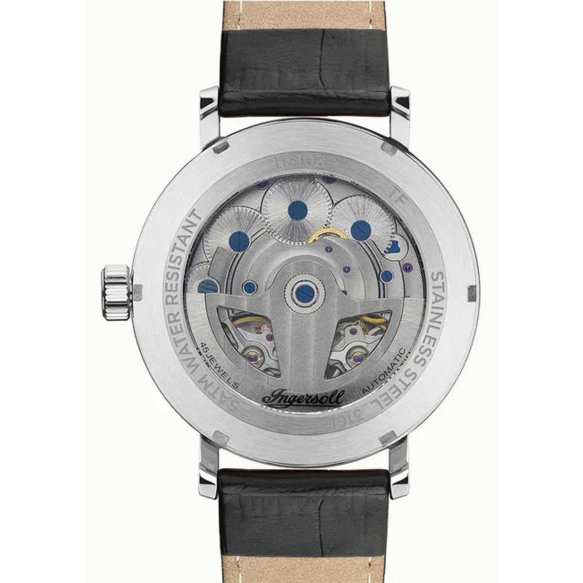 Ingersoll automatic men’s watch with grey skeleton dial and black leather strap