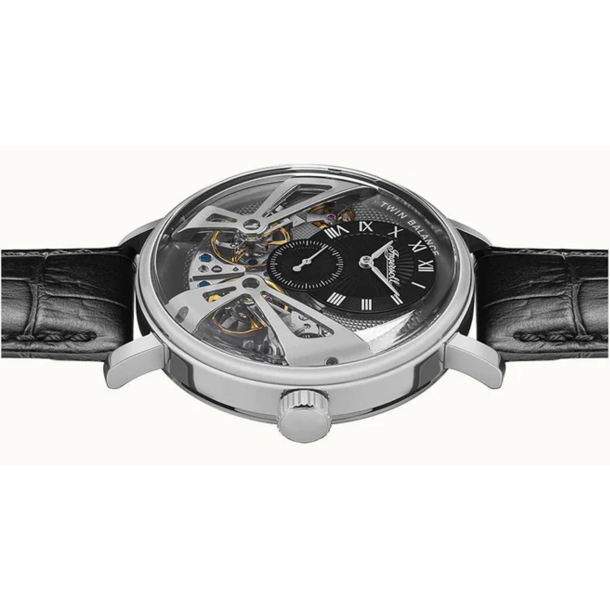 Ingersoll automatic men’s watch, side view with exposed movement and black leather strap