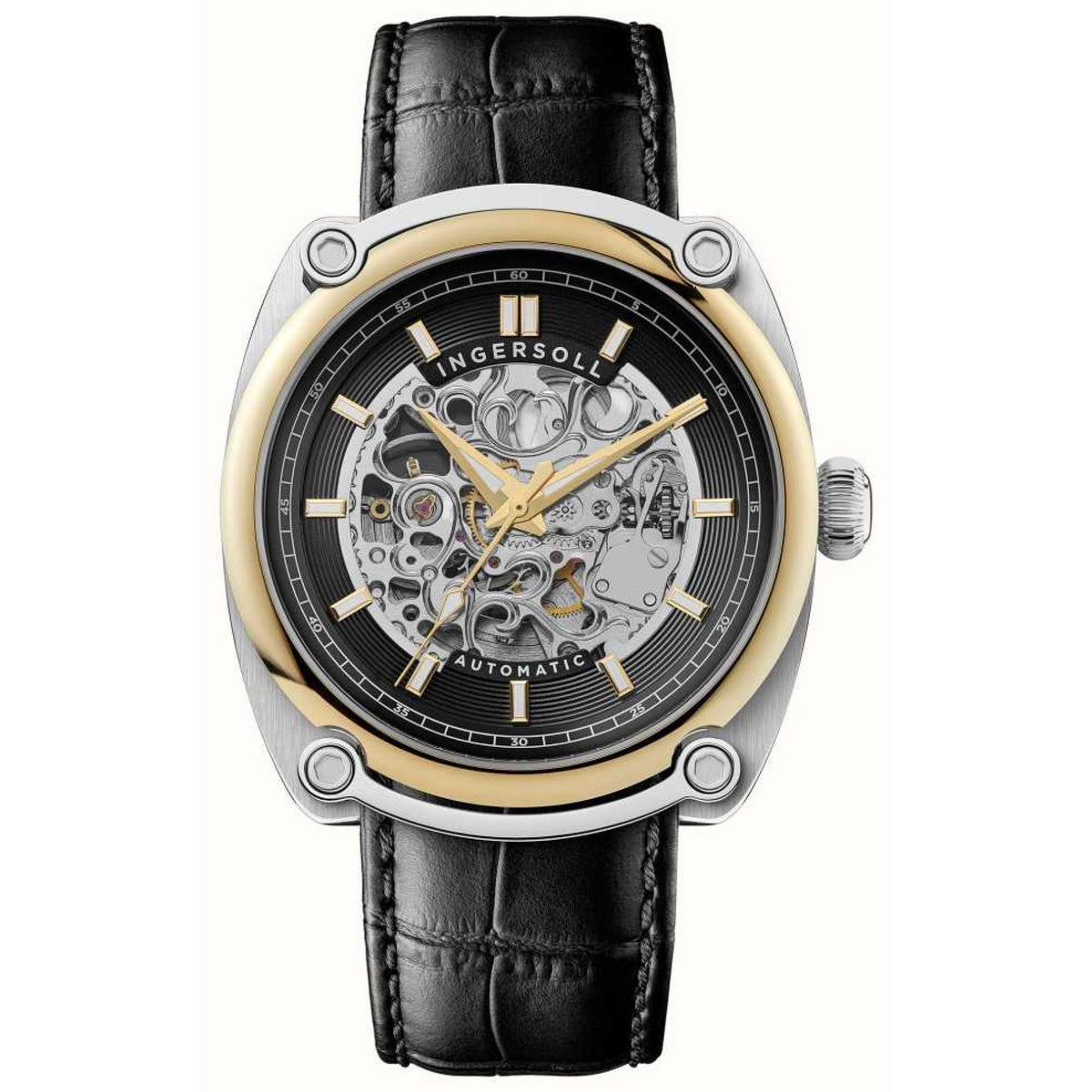 Automatic men's watch front, black dial with visible movement, gold accents, black leather strap