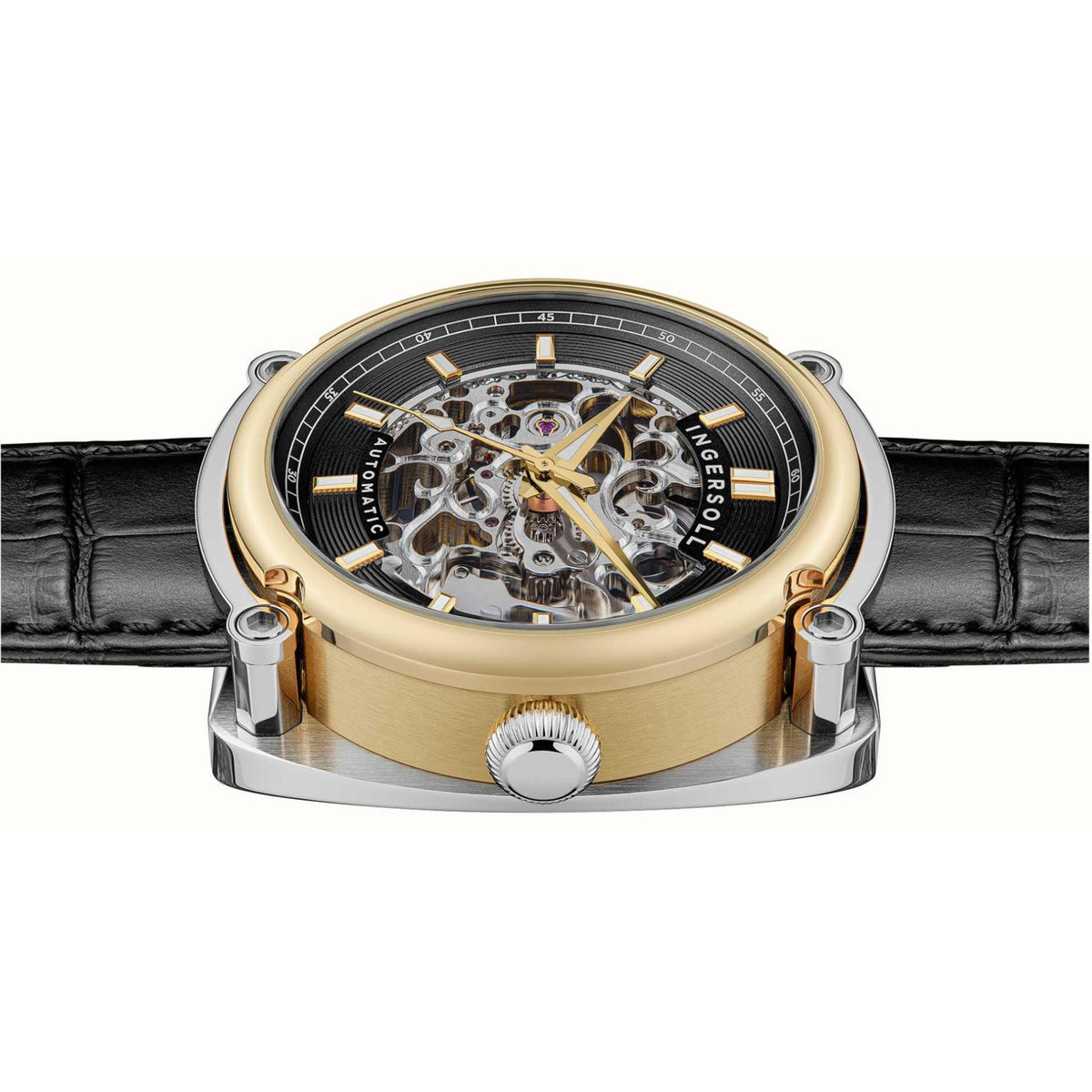 Automatic men's watch front with black dial, gold-toned bezel, black leather strap