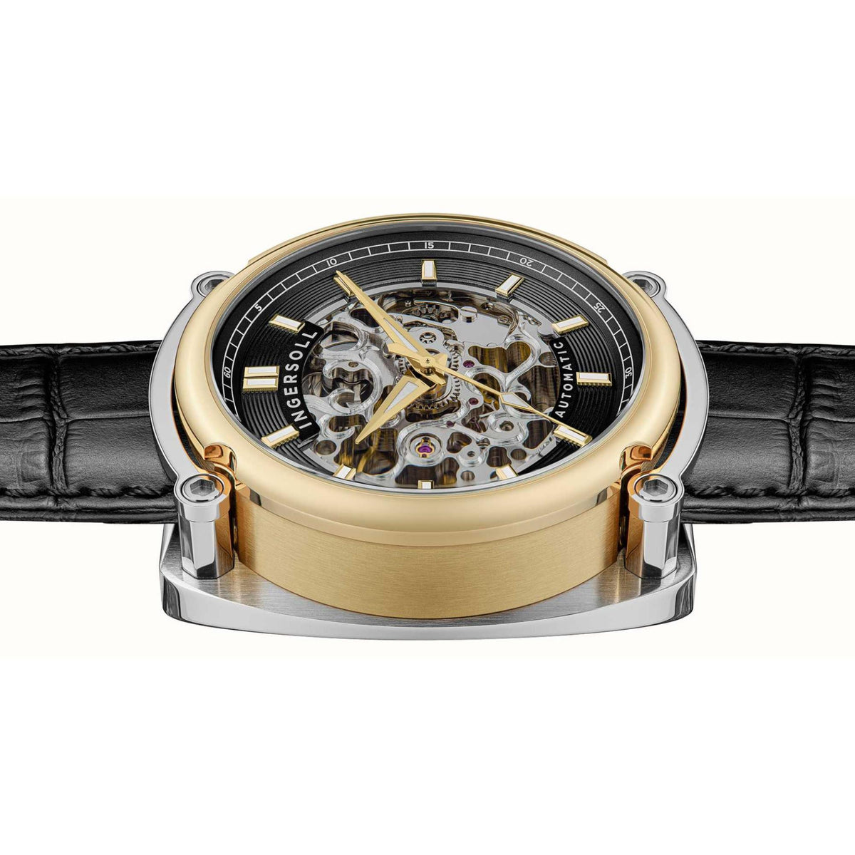 Automatic men's watch angled front with black dial and gold-accented case, black leather strap