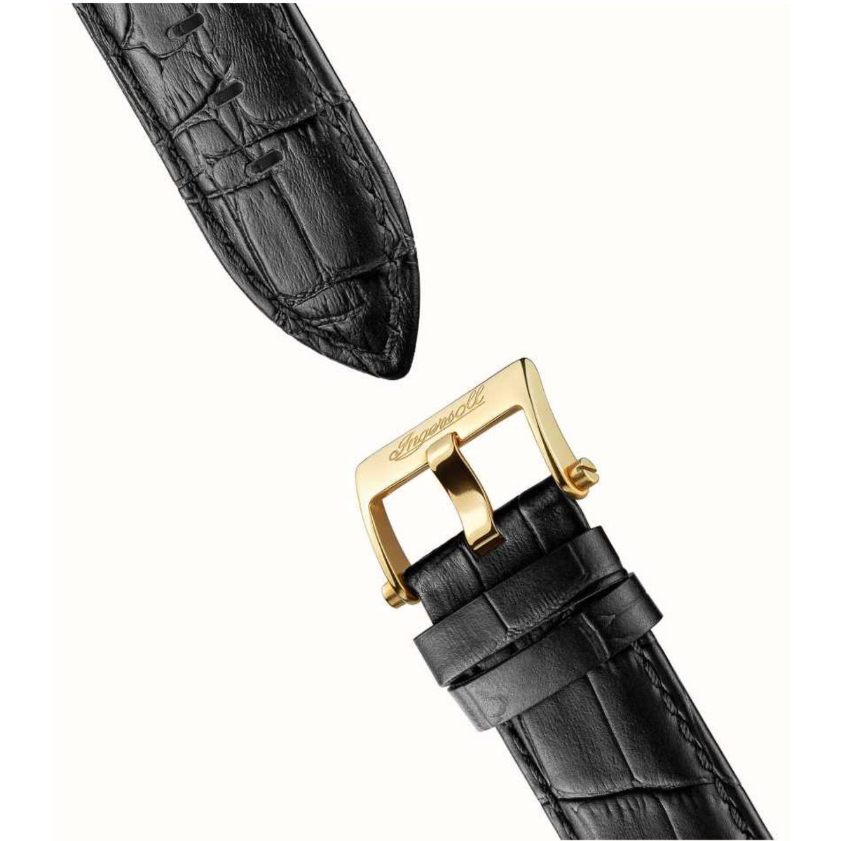 Black leather watch strap with gold-tone buckle and clasp