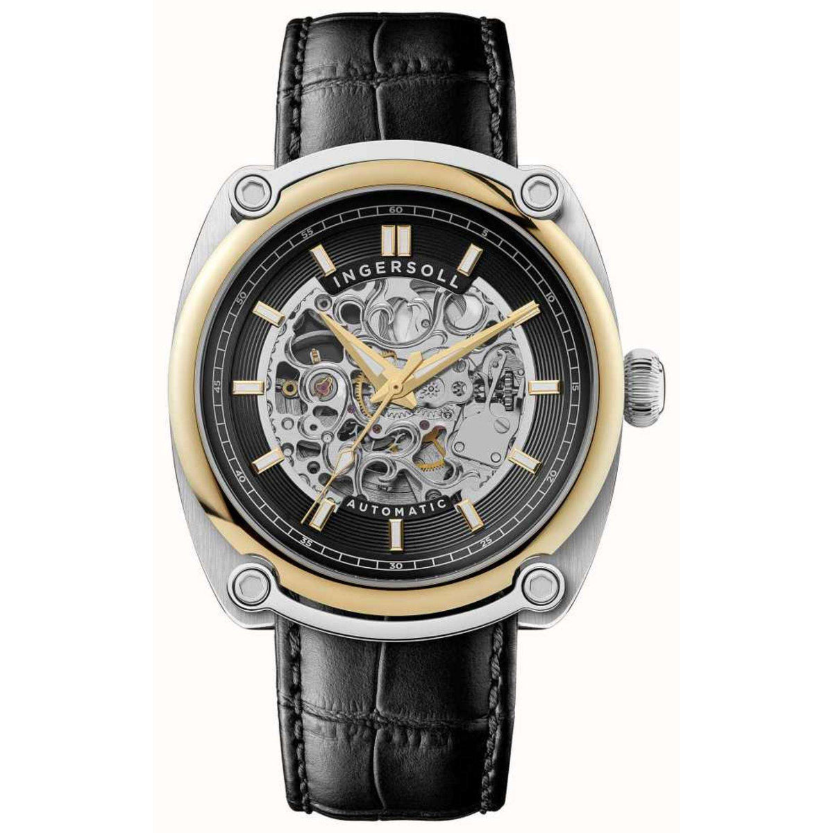 Automatic men's watch front with black leather strap and gold-accented bezel