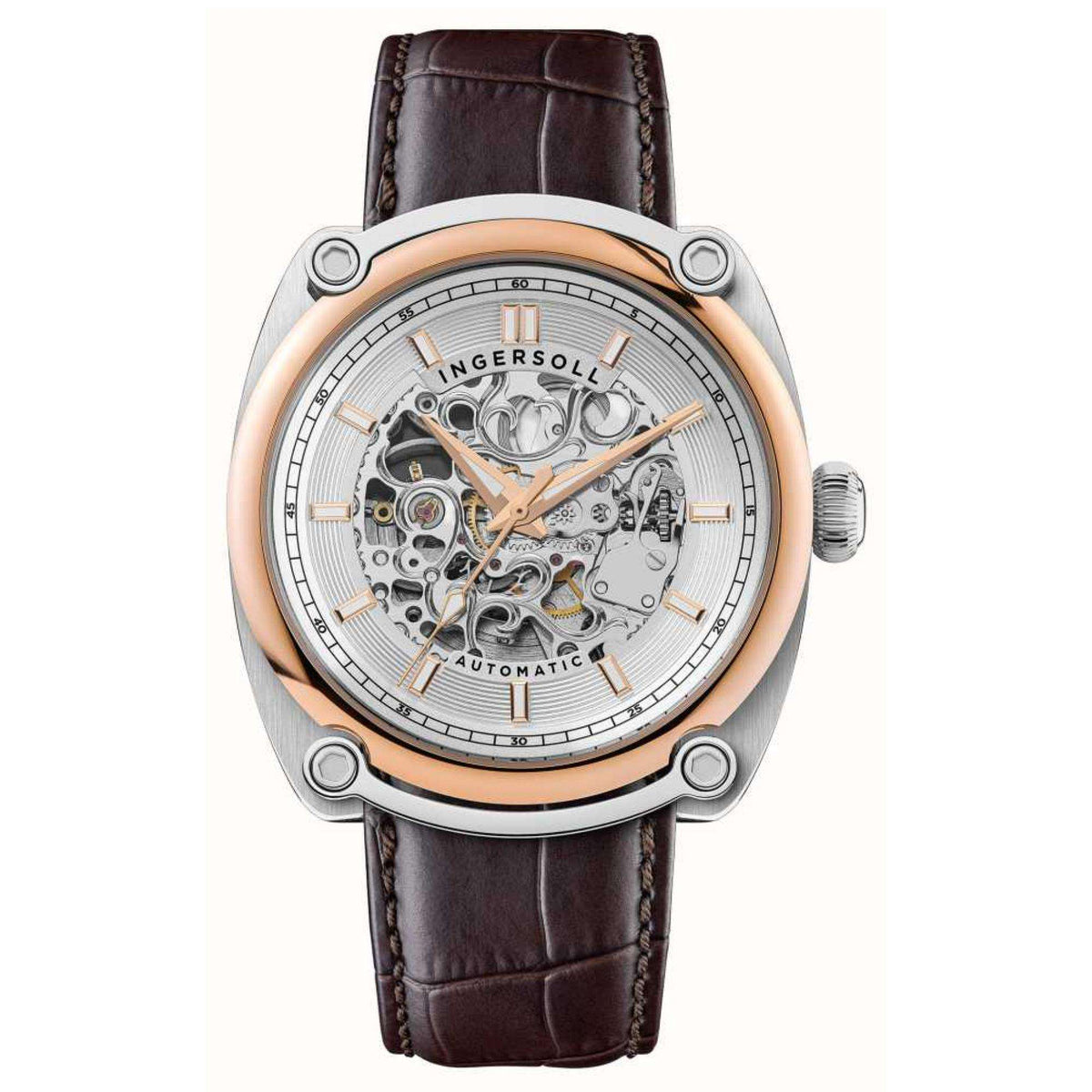 Men's automatic skeleton watch front view: white dial, brown leather strap, silver case, rose-gold bezel.