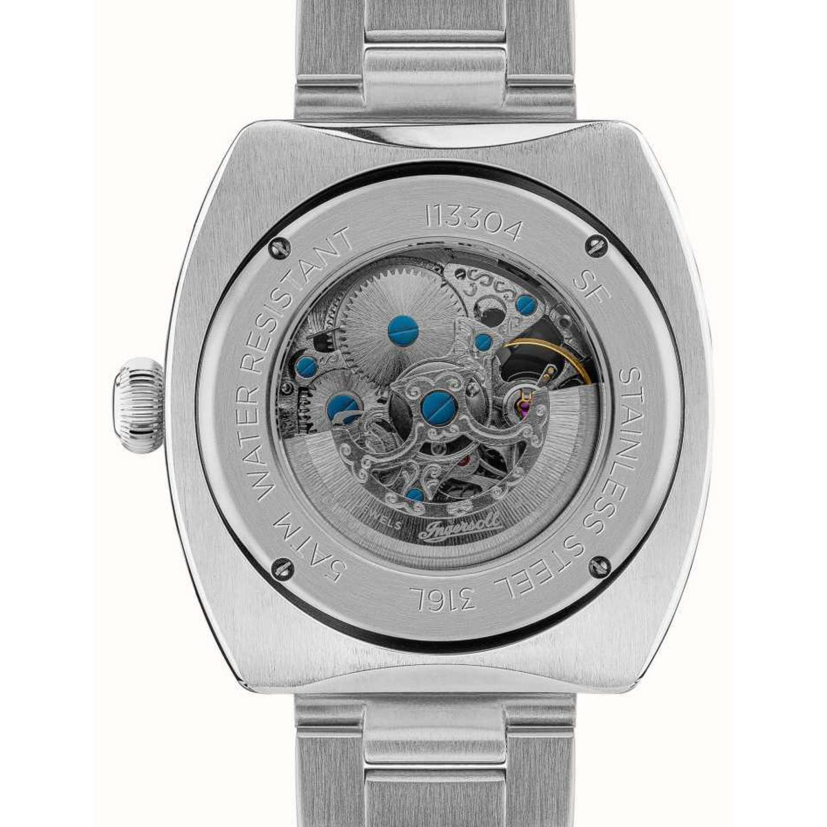Men's automatic watch case back with 113304 marking and blue jewels, silver stainless steel