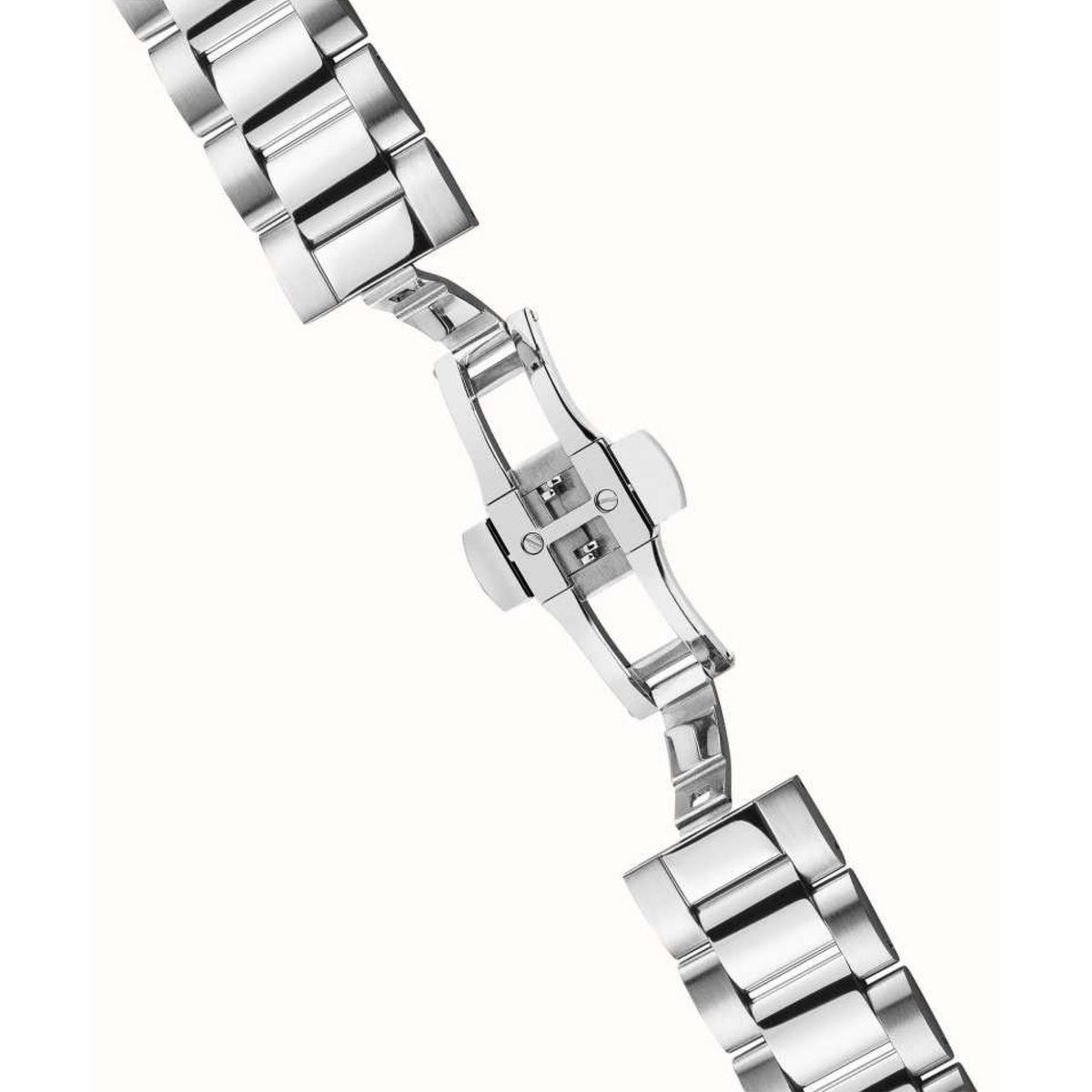 Men's automatic watch with silver stainless steel bracelet and clasp, side view
