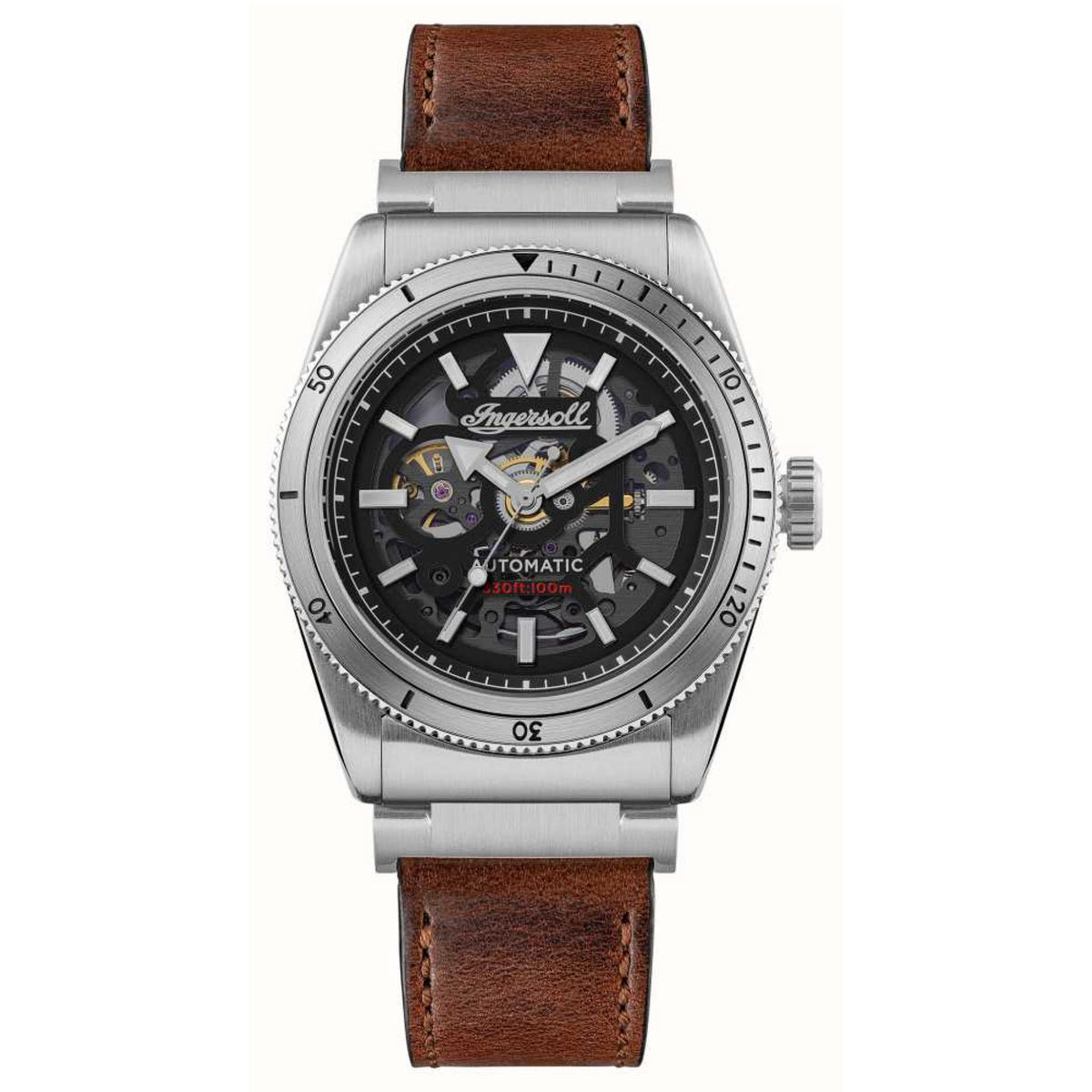 Men's automatic wristwatch front view, black skeleton dial and brown leather strap.