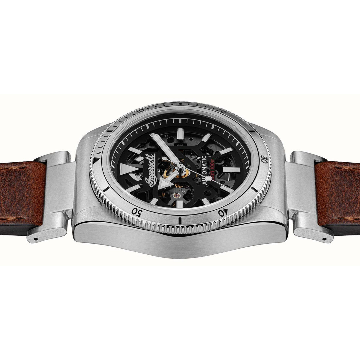 Automatic men's wristwatch with black skeleton dial, silver case, brown leather strap