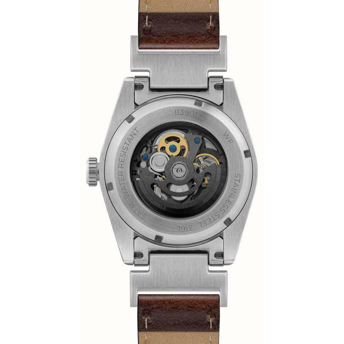 Men's automatic wristwatch with exposed movement, silver case back, brown leather strap