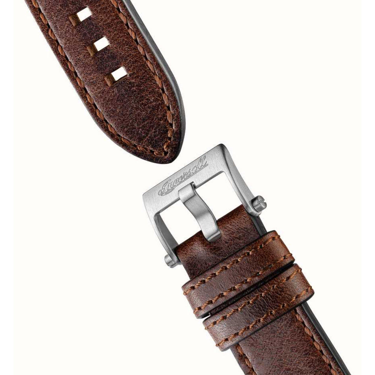 Brown leather watch strap with silver buckle and stitched edges