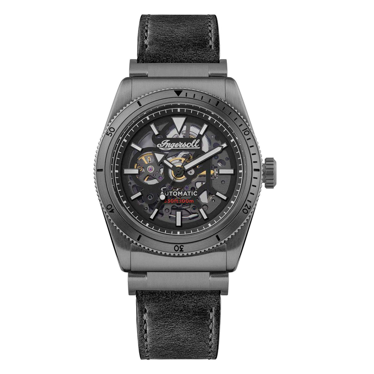 Men's automatic skeleton watch with black dial, crown on right, and black leather strap