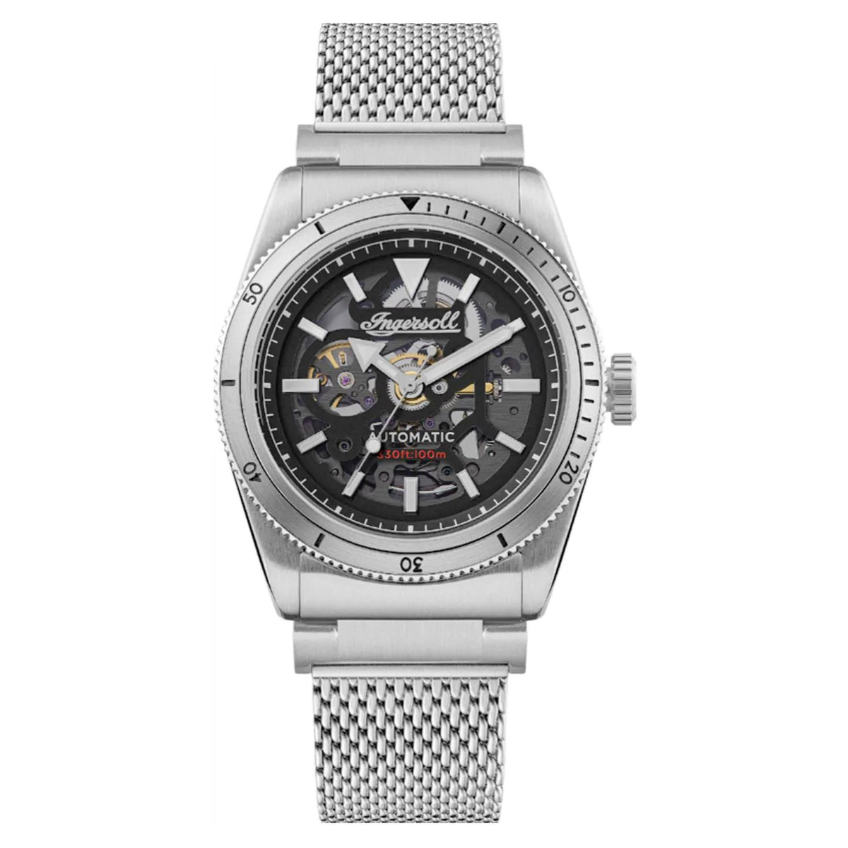 Men's automatic watch front view, black skeleton dial with silver hands and steel mesh strap