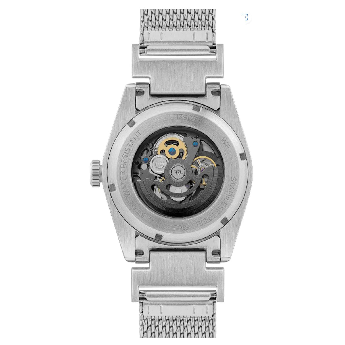Men's watch case back view with see-through window showing mechanical movement details
