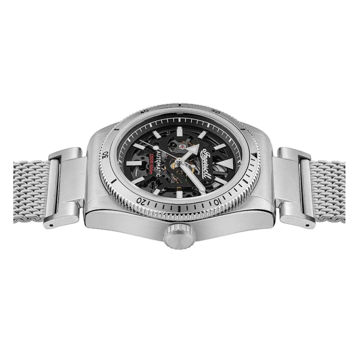 Men's automatic watch front view, black dial with visible mechanism and stainless steel bracelet