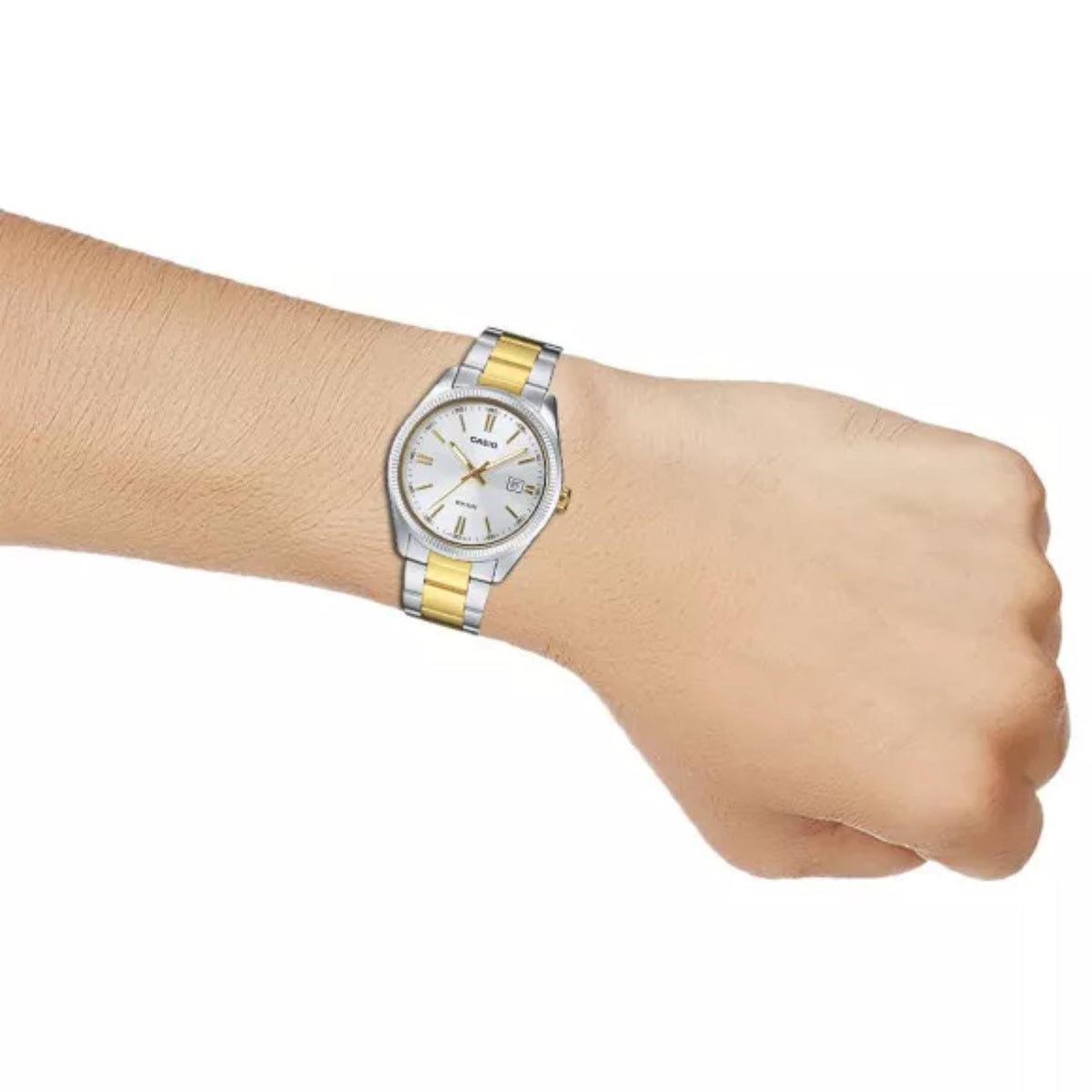 Casio Timeless Collection MTP-1302PSG-7AVEF two-tone steel watch shown worn on a wrist
