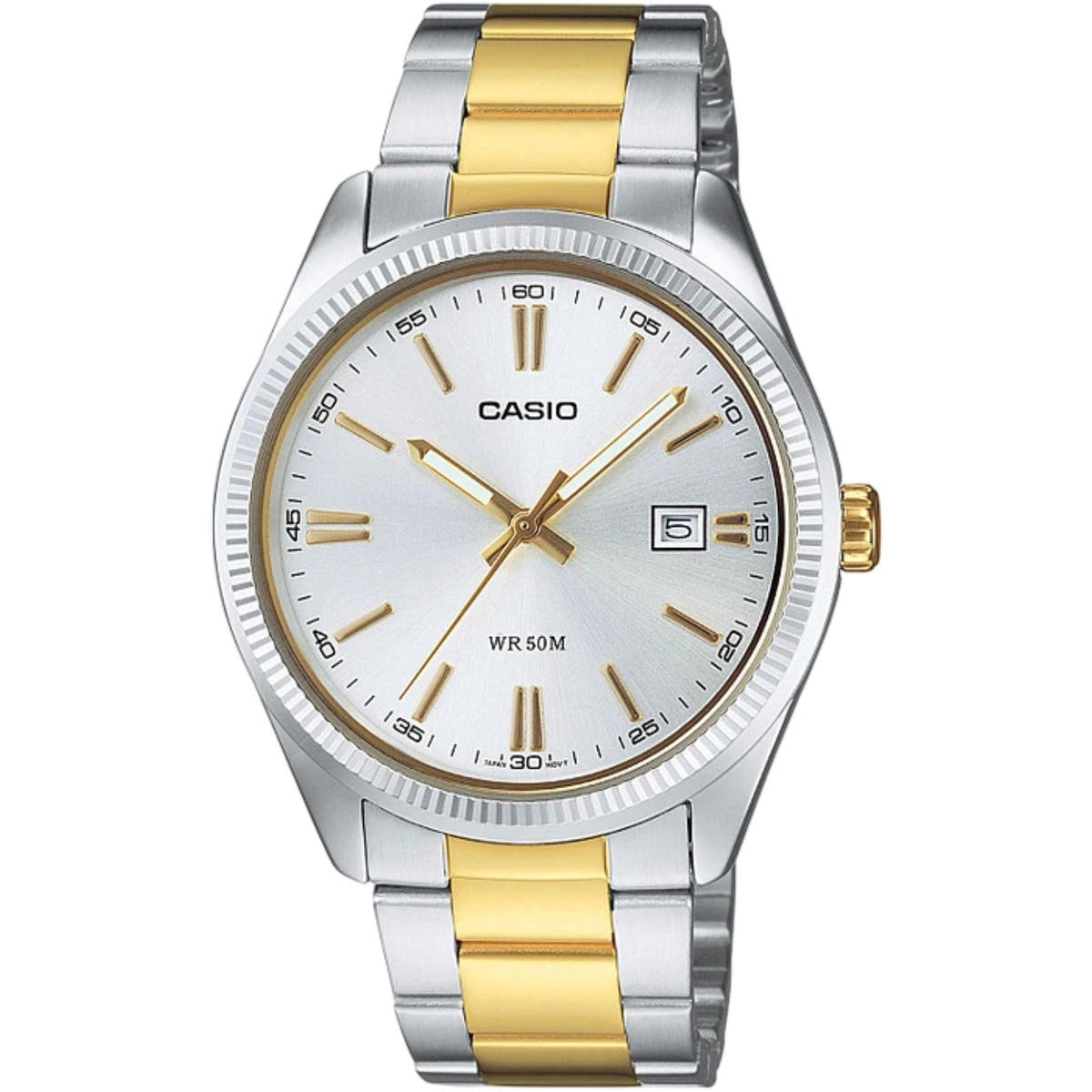 Casio Timeless Collection MTP-1302PSG-7AVEF highlighting the fluted bezel, silver dial face, and date display window