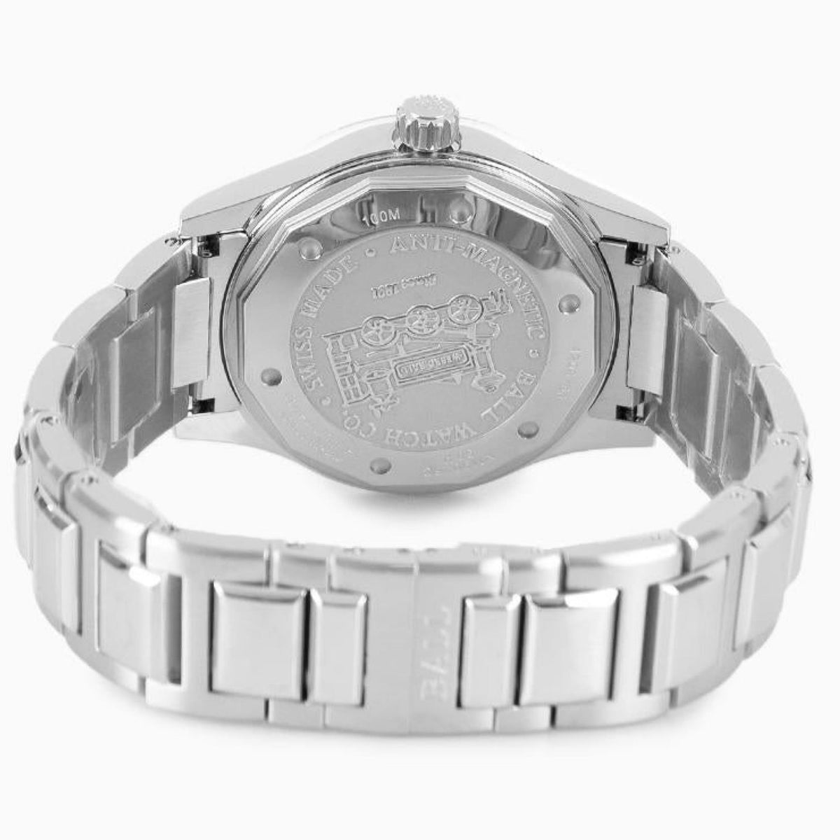 Stainless steel case back of men’s watch with engraved text and bracelet links