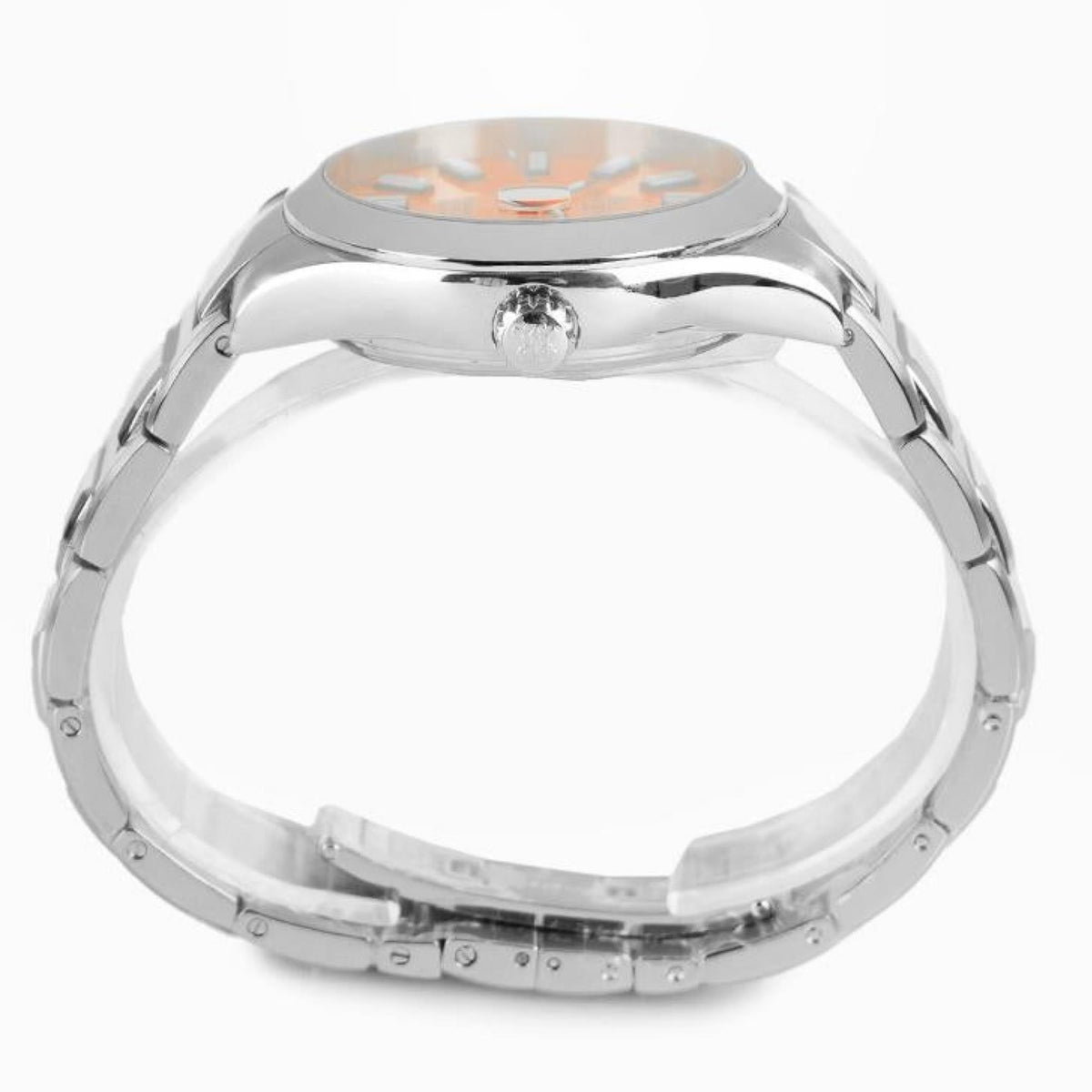 Stainless steel watch case with crown and bezel, glass crystal visible, bracelet partial