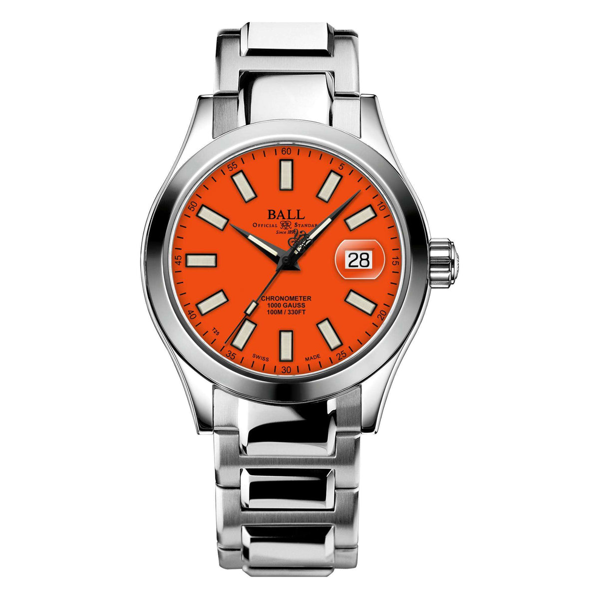 Stainless steel automatic watch with orange dial, date window at 28, metal bracelet