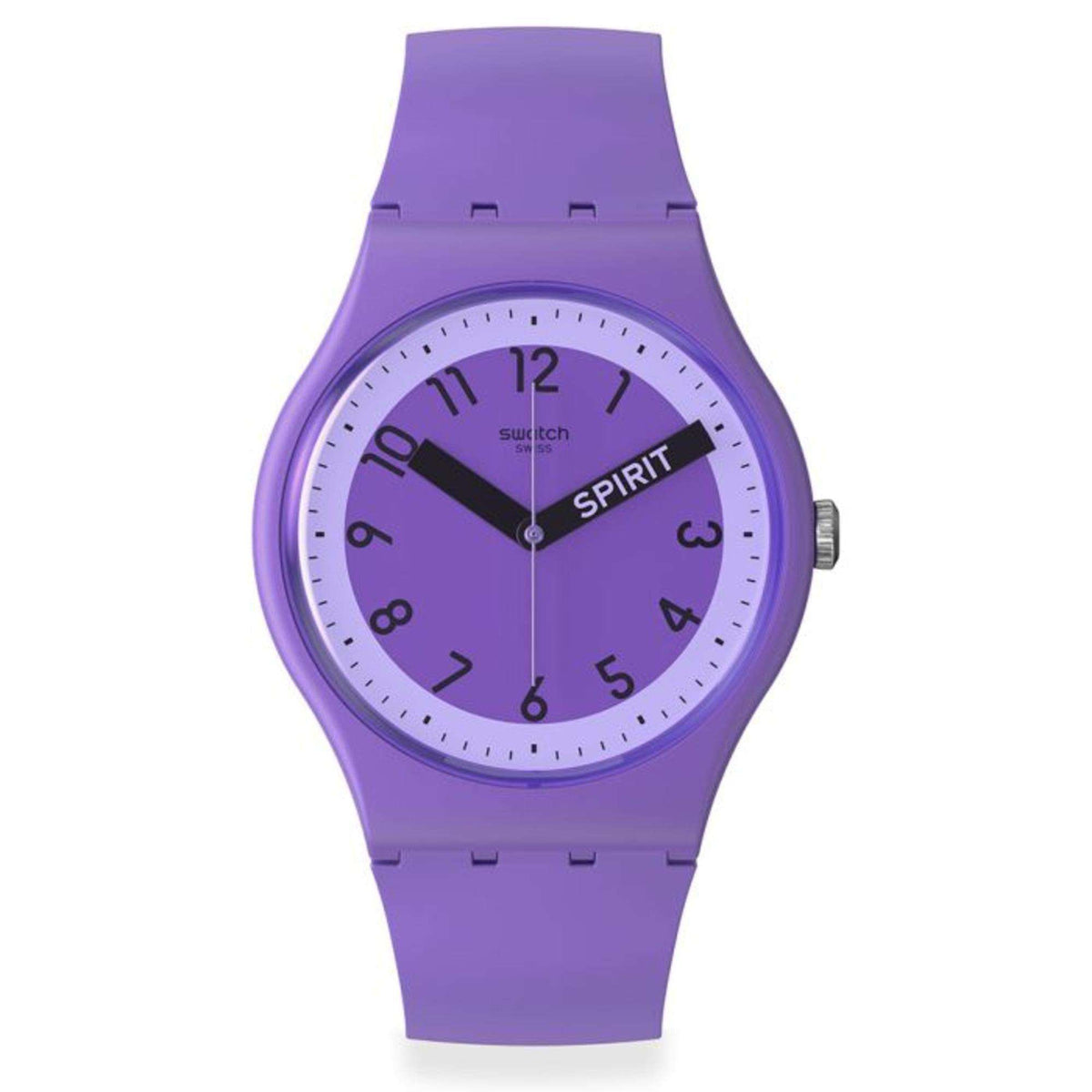 Violet silicone wristwatch front view with purple dial, black hands, and crown on right.