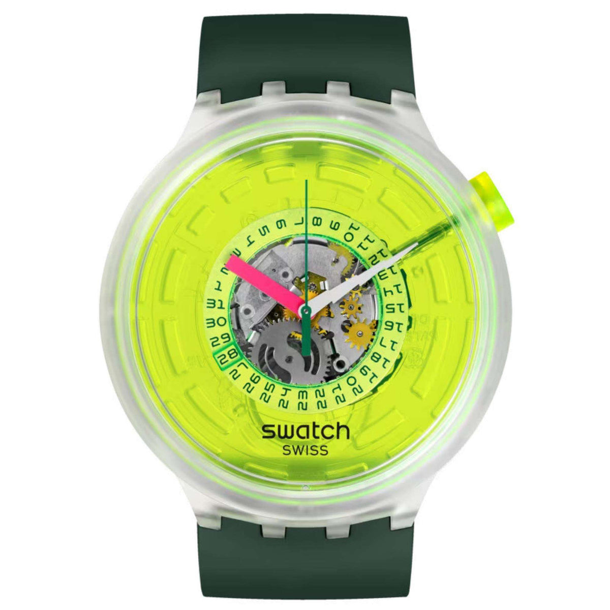 Swatch neon quartz watch front view, neon green dial with visible inner mechanics