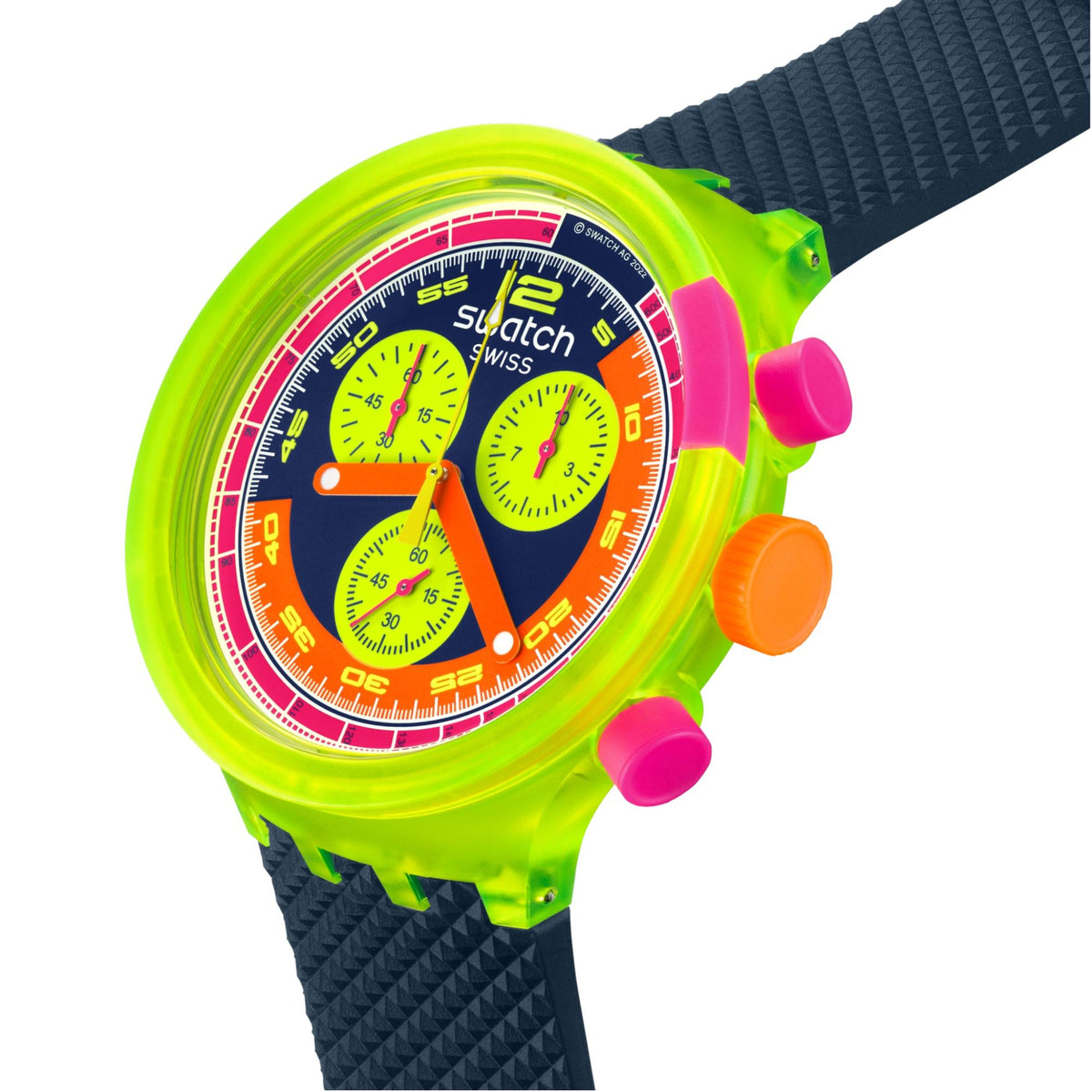 Neon Swatch wristwatch with neon green case, black strap, pink and orange side pushers.