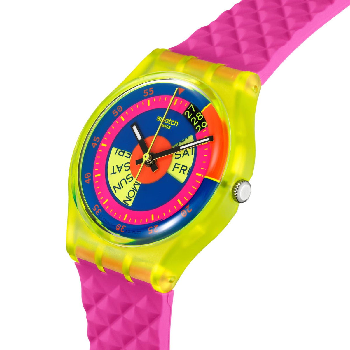 Swatch neon ladies watch with yellow-green case, rainbow dial, and pink patterned silicone strap
